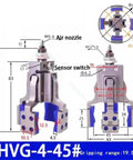 Heavy Duty Pneumatic Fixture Cylinder With Four Claw Clamp And Integrated Sensor Switch For Precise Gripping And Mechanical Arm Control Finger Style Cylinder With Water Spout Clip Model AHVG45 with dimensions and labeling for parts, showing sensor switch and air nozzle.