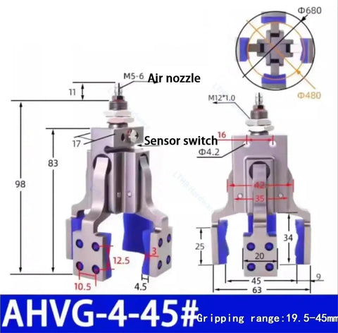 Heavy Duty Pneumatic Fixture Cylinder With Four Claw Clamp And Integrated Sensor Switch For Precise Gripping And Mechanical Arm Control Finger Style Cylinder With Water Spout Clip Model AHVG45 with dimensions and labeling for parts, showing sensor switch and air nozzle.