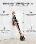 Foot Activated Door Stop With Weighted Zinc Alloy Base for hands-free entry, copper finish, showing stability features.