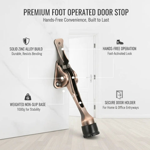 Foot Activated Door Stop With Weighted Zinc Alloy Base for hands-free entry, copper finish, showing stability features.