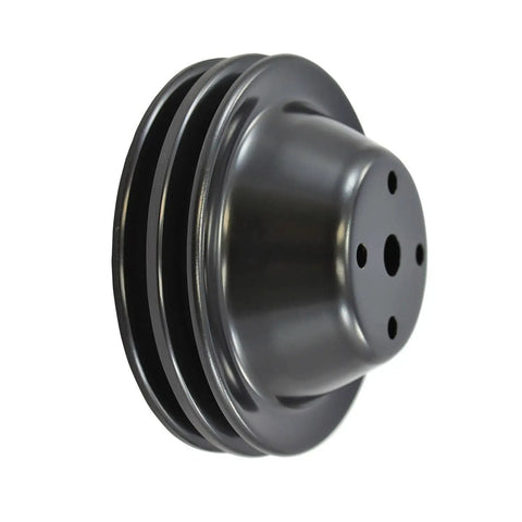 Complete Beefed Up All In One Semi Gloss Black Steel V Belt 2 Groove Long Water Pump LWP Crank Pulleys With Alternator And Power Steering Brackets Kit For SBC Chevy 327 350 1969 To Pre 1978 pulley detail