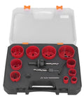 Super Cool Universal Hole Saw Set Cutting 3 To 2.5 Inch For Metal Wood And Plastic With Durable Hss Blades Fast Install No Tools And Handy Storage Box That Is Totally Rad For Any Home Repair Project. hole saw kit in storage case with red cutters and drill bits