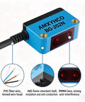 Photoelectric Sensor NPN Output Proximity Switch With Diffuse Reflection, 2mm Spot, 400mm Detect Range, close-up view of blue unit