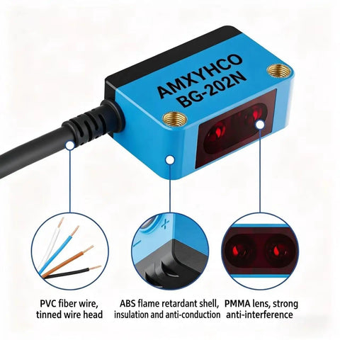 Photoelectric Sensor NPN Output Proximity Switch With Diffuse Reflection, 2mm Spot, 400mm Detect Range, close-up view of blue unit