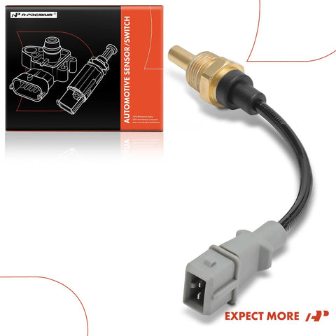 Front view of A-Premium engine coolant temperature sensor with brass body and two-pin gray plug connector