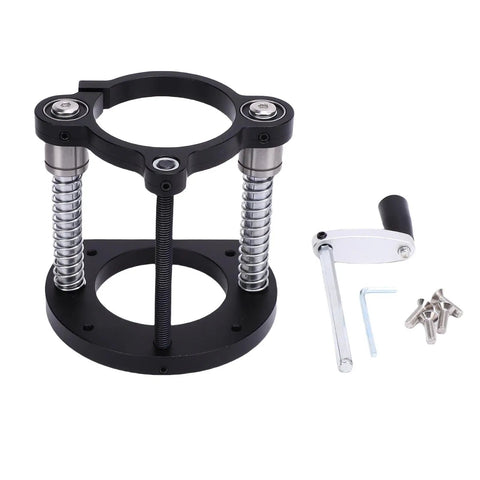 2 Jaw Clamping Router Lift Base With 2.8 Inch Stroke, Built Tough From Aluminum Alloy And Stainless Steel Table System For 64mm And 66mm Trimming Machines, Rock Solid, Rustproof, Smooth Height Adjustment, Ideal For Precision Woodworking. shown with handle and screws