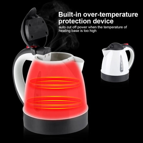 1000ML 12V Portable Car Kettle And Electric Water Heater With Cigarette Lighter Plug For Road Trip ready tea coffee brewing design showing steam and heated base.