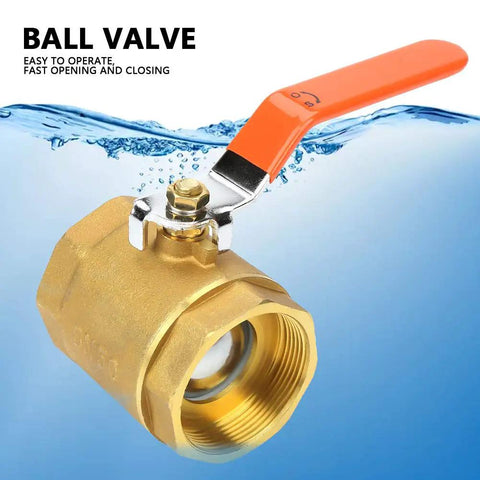 Heavy Duty Brass Ball Valve Two Inch Smooth Pass Minimal Drag Shut Off Handle For Plumbing Gas Pipes And Water Hookups Rust Proof Hardware, close-up view with orange handle.