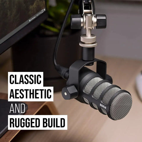 PodMic Cardioid Dynamic Broadcast Microphone With XLR Output Requires An Audio Interface For Studio Podcasts And Live Streaming Not USB Plug In Ideal For Rich Warm Voice And Reliable Crisp Dialogue On Air, close-up angle showing rugged build.