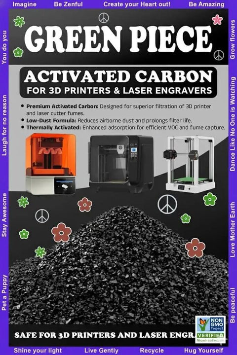 Thermally Activated GAC Carbon Filter For 3D Printers And Laser Engravers, low dust charcoal shown with printers and engravers