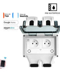 Smart Dual WiFi Socket With IP66 No Sweat Weather Shield For Indoor Outdoor Power, featuring dual outlets and waterproof cover.