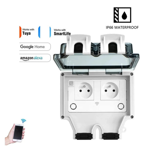 Smart Dual WiFi Socket With IP66 No Sweat Weather Shield For Indoor Outdoor Power, featuring dual outlets and waterproof cover.