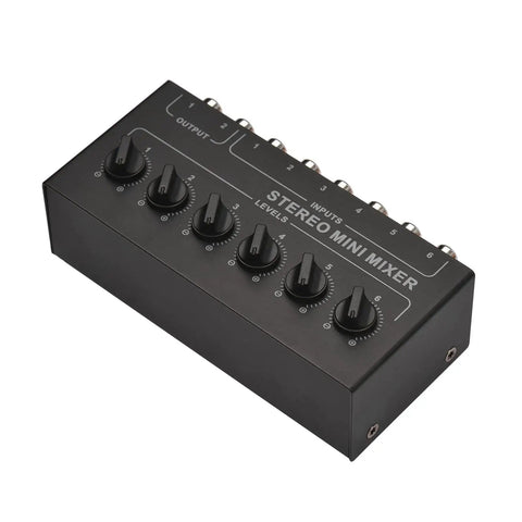Six Channel Passive Stereo Mixer With RCA Inputs And Two Channel Output, Portable Audio Gear, top view showing dials and ports