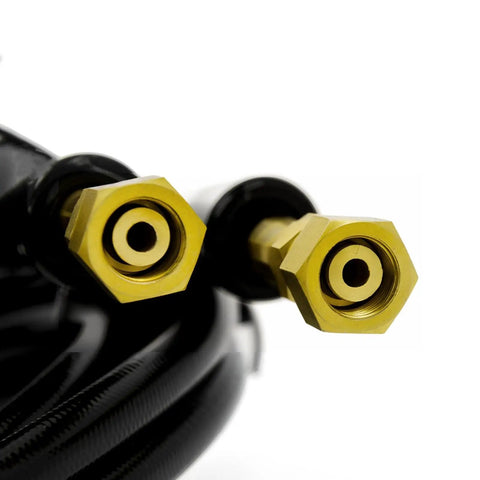 Close-up of fittings on Hydraulic Steering Hose Kit 16 Feet For Outboard Boats, Compatible With Seastar Solutions Teleflex Systems