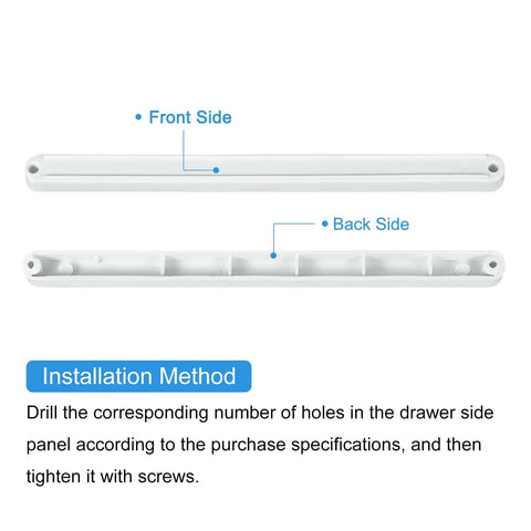 Back and front view of Six Piece White Plastic Drawer Slides With Side Mounted Grooved Rails For Furniture Featuring Slick Glide Action.