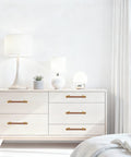 White dresser with 10 Pack 5 Inch Cabinet Pulls In Wood And Gold Finish Round Wood Kitchen Cabinet Handles And Dresser Knobs Modern Furniture Hardware installed.