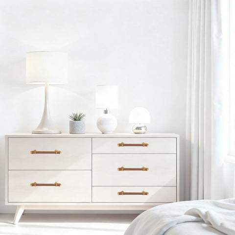 White dresser with 10 Pack 5 Inch Cabinet Pulls In Wood And Gold Finish Round Wood Kitchen Cabinet Handles And Dresser Knobs Modern Furniture Hardware installed.