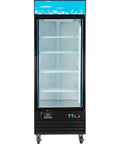 Pro Grade Merchandiser Freezer With 23 Cubic Foot Capacity Slick Black Finish Built Tough For Busy Shops Features Four Heavy Duty Epoxy Shelves And Hassle Free Casters Delivers Killer Cold Storage Right Down To Minus Ten Degrees Fahrenheit, front view with glass door and LED lighting.