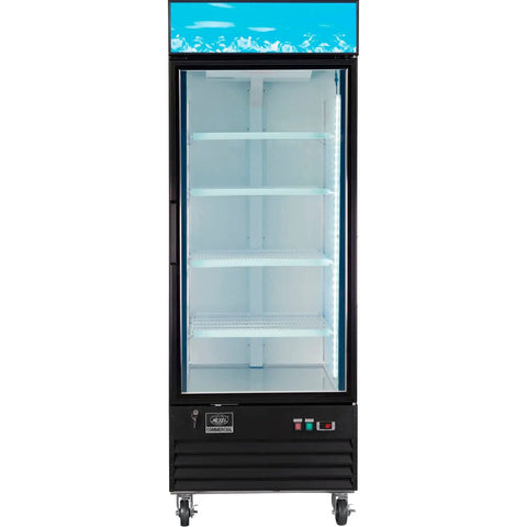 Pro Grade Merchandiser Freezer With 23 Cubic Foot Capacity Slick Black Finish Built Tough For Busy Shops Features Four Heavy Duty Epoxy Shelves And Hassle Free Casters Delivers Killer Cold Storage Right Down To Minus Ten Degrees Fahrenheit, front view with glass door and LED lighting.