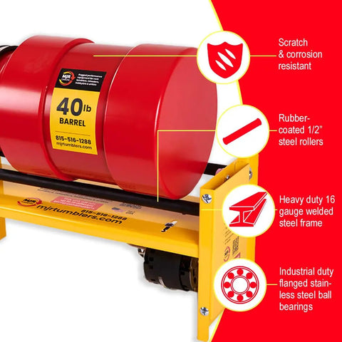 40Lb Rock Tumbler Machine for Pros Heavy Duty Pro Grade Polisher with Commercial Stone Polishing Kit, red barrel on steel frame