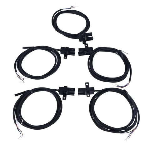 Five Pack U Slot Photoelectric Switch Sensor With NPN Output, Optical Sensor For Precise Object Detection, NO NC Adjustable, DC 5 To 24V, No Fuss Easy Setup, Reliable Industrial Automation Sensor For Conveyors, Machinery, And Robotic Systems, five black cabled sensors