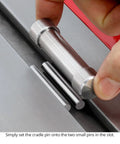 Hand setting the cradle pin on Table Saw Gauge And Alignment Tool With Auto Adjust To Miter Slot Includes Dial Indicator Pin Set