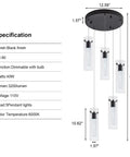 Black 5-Light LED Pendant Lighting Over Island with specifications, bubble cylinder design, dimmable, 62.2 in adjustable length