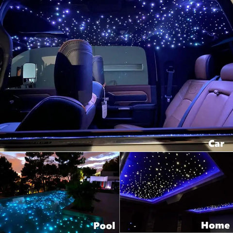 Twinkle 16W Fiber Optic Star Ceiling Light Kit With 450 Strands Of 0.03 Inch PMMA Cables in car, pool, and home settings.