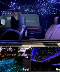 Lit Bluetooth Twinkle Fiber Optic Star Ceiling Lights Kit With 16W LED RGBW Engine in car, pool, and home settings.