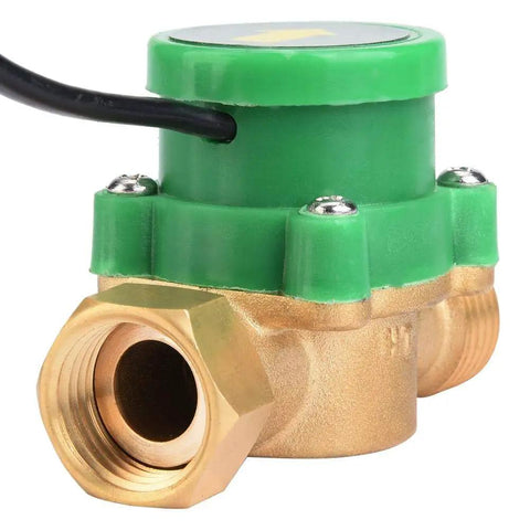 G1/2 To G1/2 Thread Flow Switch Sensor With Electronic Pressure Auto Control 220V for water, green and brass design visible