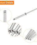 Close-up of 50 Pack 1/8 X 1 Inch 304 Stainless Steel Dome Head Blind Rivets Open End Type Metal Fasteners showing various details.