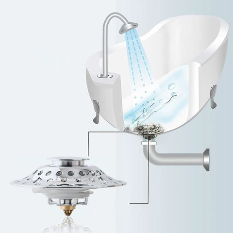Lightweight Stopper, Bathtub Drain Plug for Various Drain, chrome design with water flow depiction in a bathtub.
