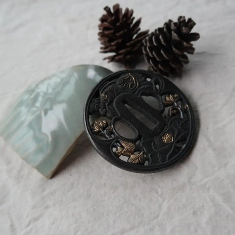 Black Alloy Tsuba Koshirae Accessory With Lotus Pattern For Katana Wakizashi Or Tanto, 78mm By 76mm Guard, Lightweight