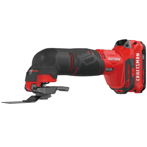 Powerful 20V Cordless Oscillating Tool Kit With 2.8 Degree Oscillation Angle, Variable Speed 8K-18K OPM, side view of tool with attachment