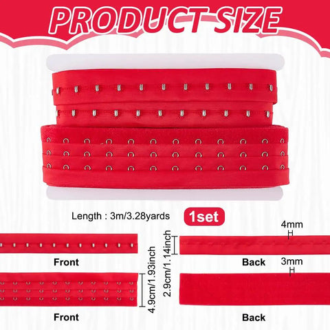 Rock Solid Three Inch 3 Row Hook And Eye Bra Extender Tape In Vibrant Red for bridal adjustments, showing dimensions and features.