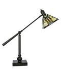 Mission Style Bank Table Lamp With 100-Piece Art Glass Shade In Beige Blue Red And Butterscotch, Adjustable Arm, Bronze Finish