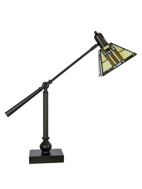 Mission Style Bank Table Lamp With 100-Piece Art Glass Shade In Beige Blue Red And Butterscotch, Adjustable Arm, Bronze Finish