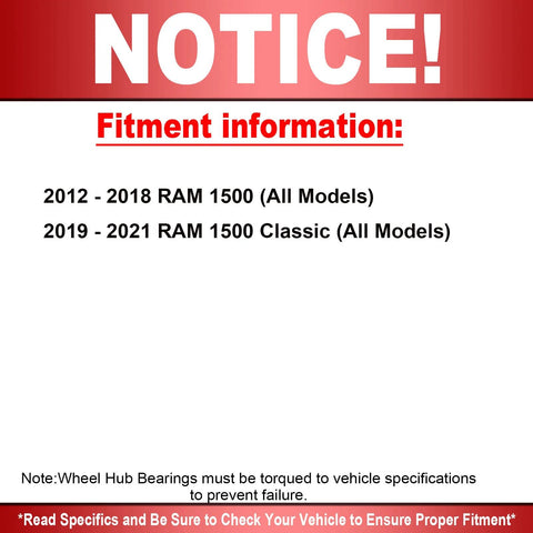 Fitment information notice for Front Wheel Hub Bearing Assembly With ABS For 2012 2018 Ram 1500 And 2019 Ram 1500 Classic