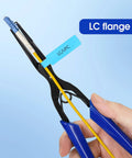 Close-up of optical fiber long-nose pliers with blue handles and LC flange tag for LC/SC connector insertion.