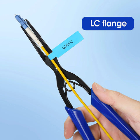 Close-up of optical fiber long-nose pliers with blue handles and LC flange tag for LC/SC connector insertion.