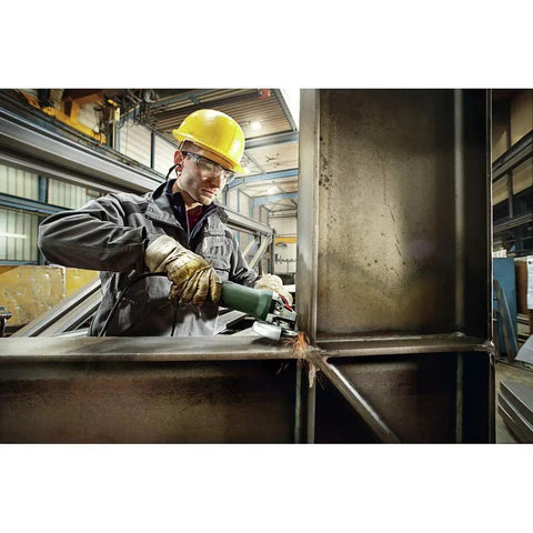 Worker using Beefy Torque 5 Inch Variable Speed Angle Grinder With Electronic Speed Control 2800 To 11000 RPM 13.5 Amp Motor.
