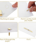500 Piece Mini Brass Paper Fasteners Gold Pin Backs Top Tier Stationery Craft Supplies showing steps for easy application on paper.