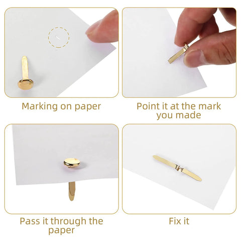 500 Piece Mini Brass Paper Fasteners Gold Pin Backs Top Tier Stationery Craft Supplies showing steps for easy application on paper.