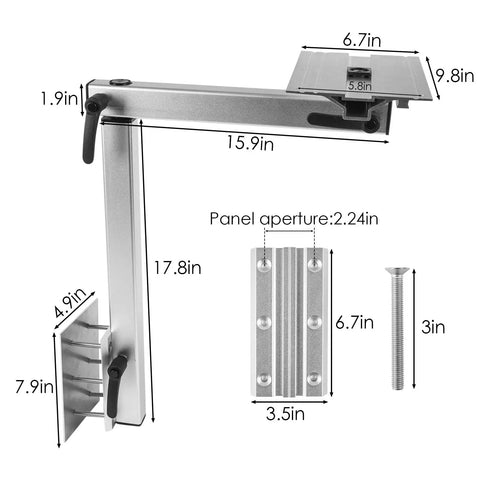 Dimensions and parts of Removable RV Table Base Mount With 360 Degree Rotation Desk Leg, Lightweight Aluminum Alloy Bracket in Silver.