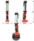 2000 Lumen LED Work Light With 20V Lithium Battery Compatibility shown from three angles with size dimensions