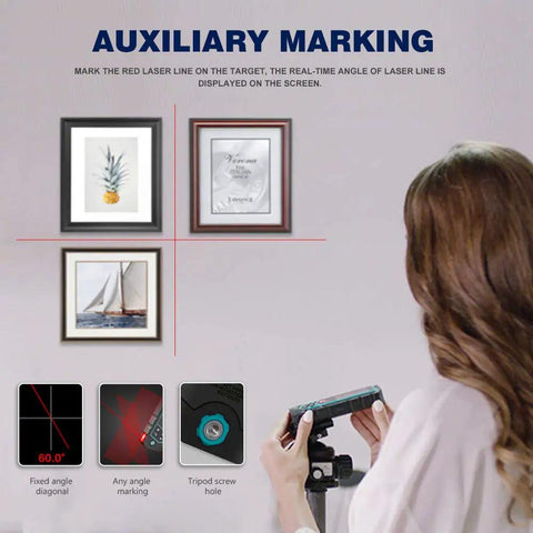 Person using 3 In 1 Laser Measure with Built In Wheel for Curved Surfaces and Arc Length Pythagorean Point to Point Area and Volume Measurement Laser Line Marking Gyroscope Enhanced 200 Ft Tool for auxiliary marking on framed pictures.