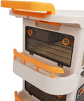 Close-up of Smooth Rollin Storage Trolley With Four Tier Utility Cart And Covered Plastic Storage Bins, featuring orange handles.