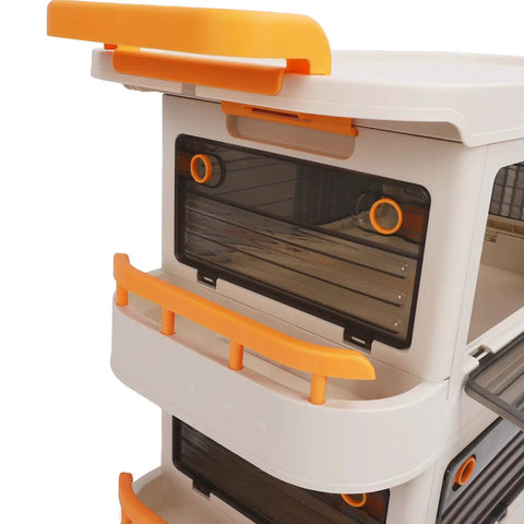 Close-up of Smooth Rollin Storage Trolley With Four Tier Utility Cart And Covered Plastic Storage Bins, featuring orange handles.