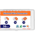 NineLeaf wire connectors set in transparent storage box with 56 pieces, featuring 12, 18, and 26 connector ports.