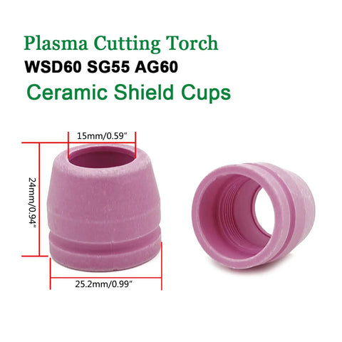 10 Pack SG55 AG-60 Cutting Torch Nozzles For WSD-60 Plasma Cutter Fits CUT-60 LGK50 50DX ceramic shield cups in pink.